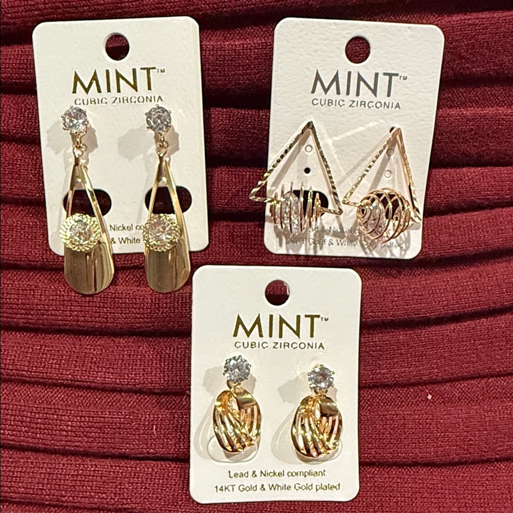 Mint Earring Trio CZ Gold Plated